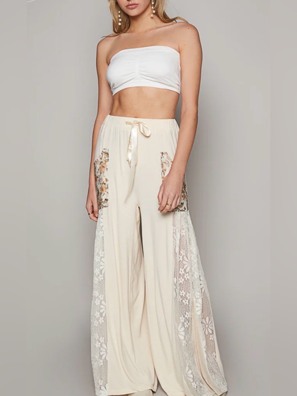 POL Size M Cream Lace Trim Boho Wide Leg Pants Elastic Waist Drawstring Bohemian - Picture 3 of 10